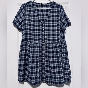 Blue Plaid Button-Down Babydoll Dress